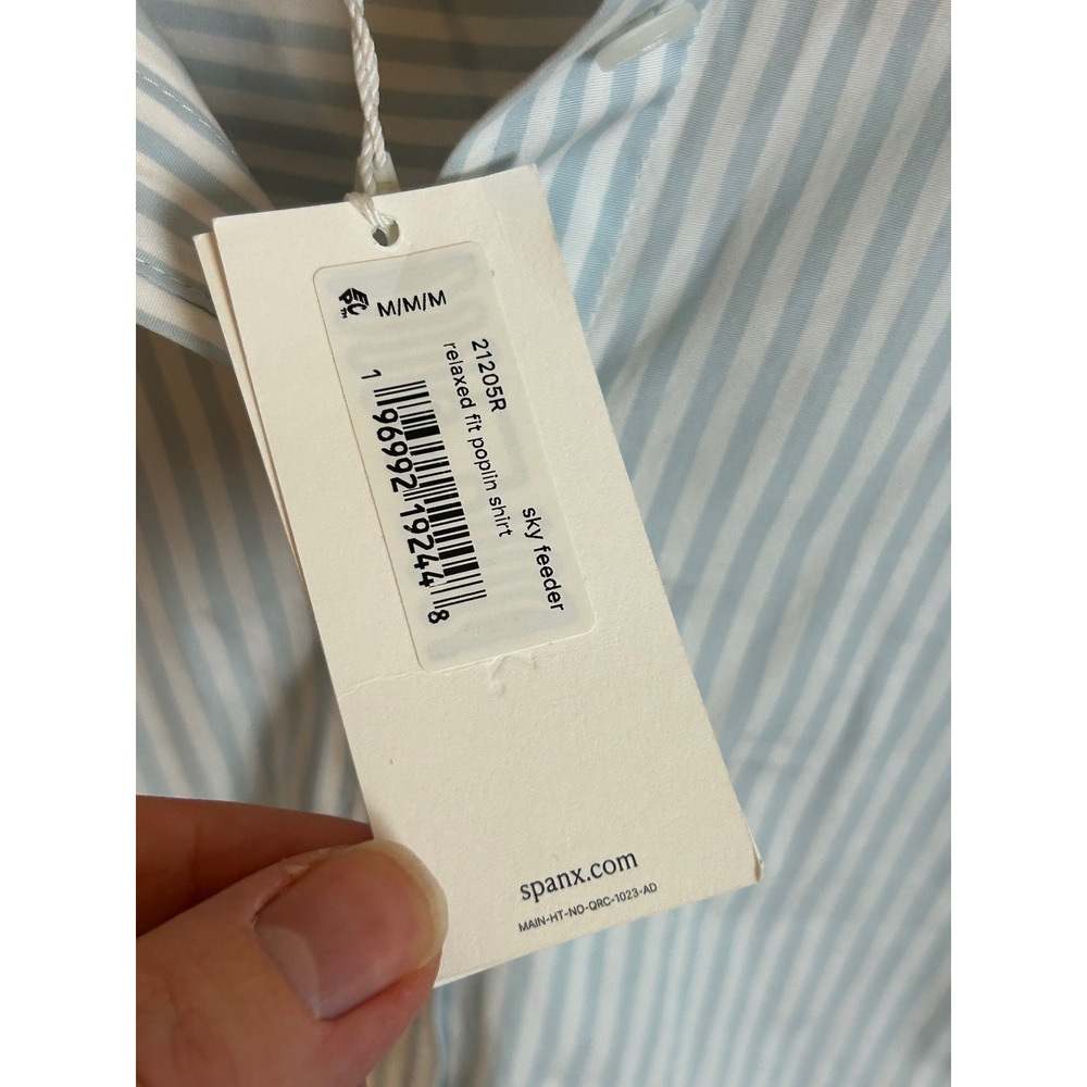 Spanx Relaxed Fit Poplin Shirt Sky Feeder Blue White Striped Cotton M - Picture 4 of 8